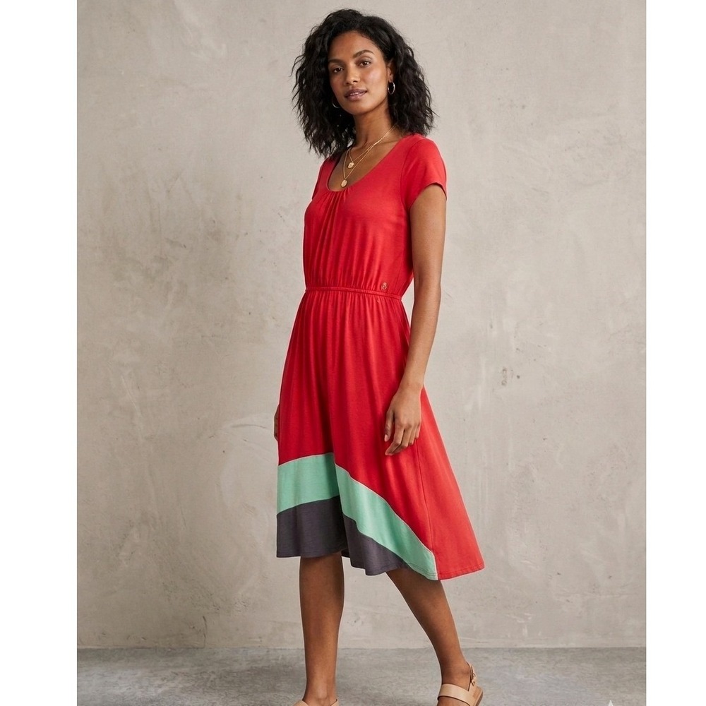 Women's Boden Coral Colorblock Hem Jersey Dress US 18L Short Sleeve Viscose Midi